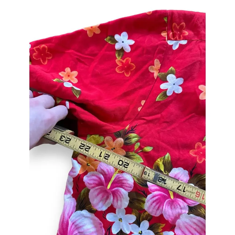 1960s Ui Maikai Hawaii Shirt Buttton Down Red Floral Aloha Hawaiian M